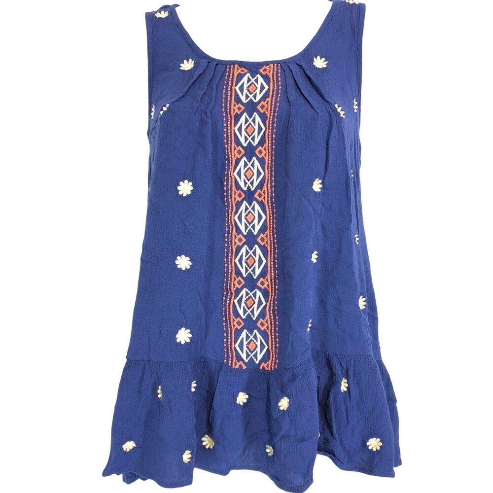 Umgee Womens Boho Ruffle Pullover Blue Embroidered Sleeveless Oversized Top S